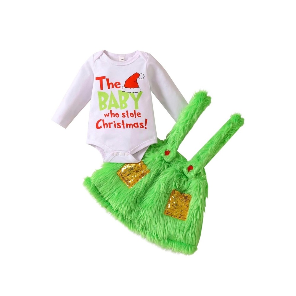 Baby Who Stole Christmas Holiday Set Green Faux Fur Overalls Bodysuit